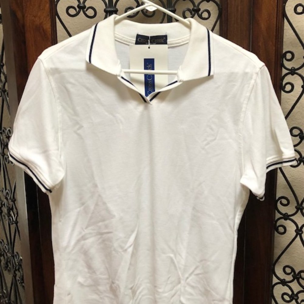 Womens White Polo with Blue Trim Size Large by Cross Creek - Brand New With Tags